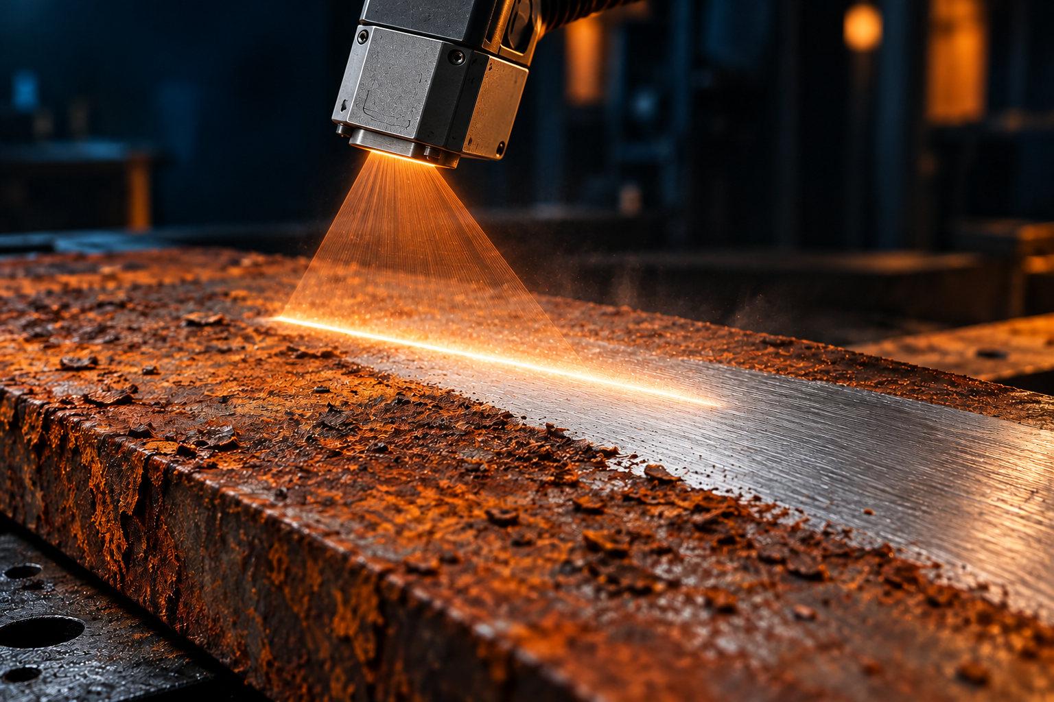 Laser cleaning head held above corroded steel with a fan-shaped scanning beam revealing a clean swath